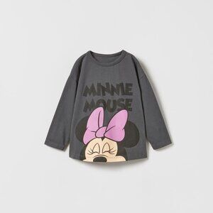 Zara Dark Gray Minnie Mouse Long Sleeve Tee with Pink Bow